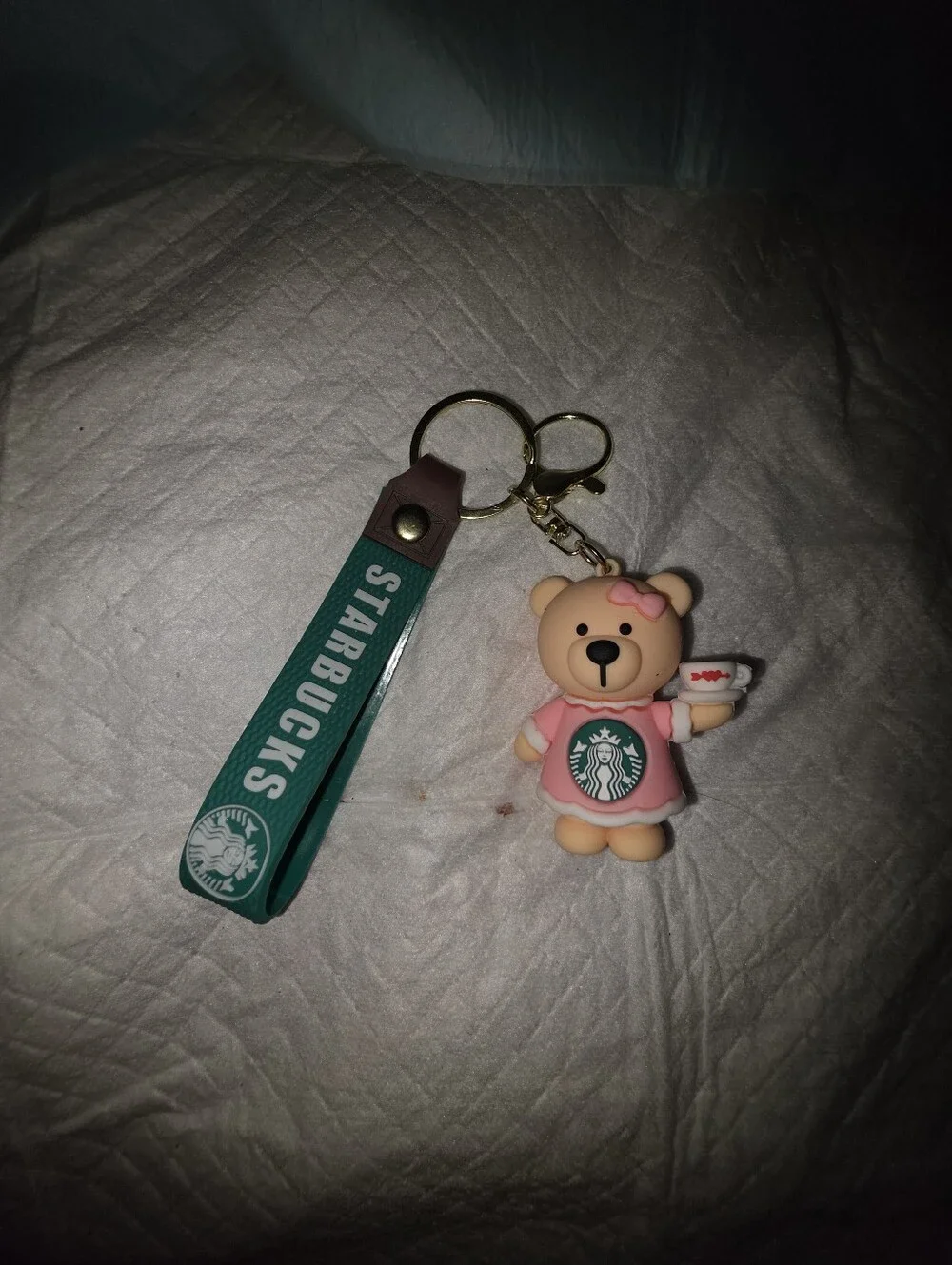 Starbucks Pink Bear Bag Charm Keyring with Teacup and Green Logo Strap